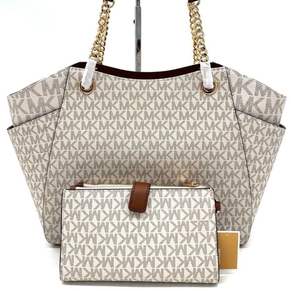 Michael Kors Large Jet Set Travel Chain Shoulder Bag & Double Zip Wallet Vanilla - Picture 6 of 15